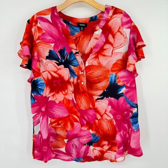 Tacera blouse Womens size  XL Red Pink floral Short Sleeve v neck flutter - Picture 2 of 9